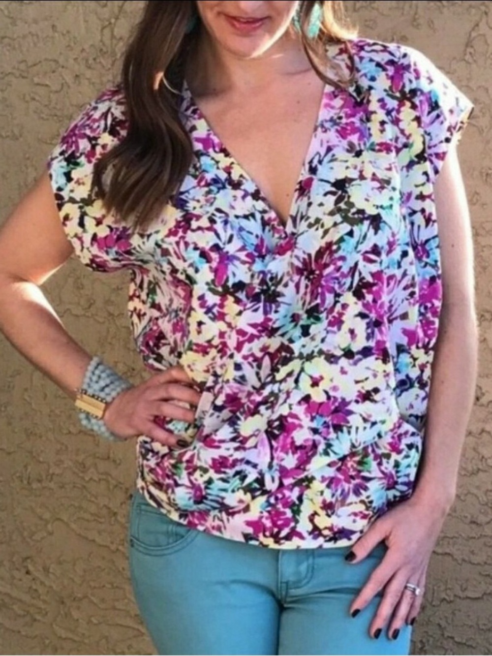CAbi "Eden" Floral Faux Wrap Blouse #5211 multicolor abstract floral print